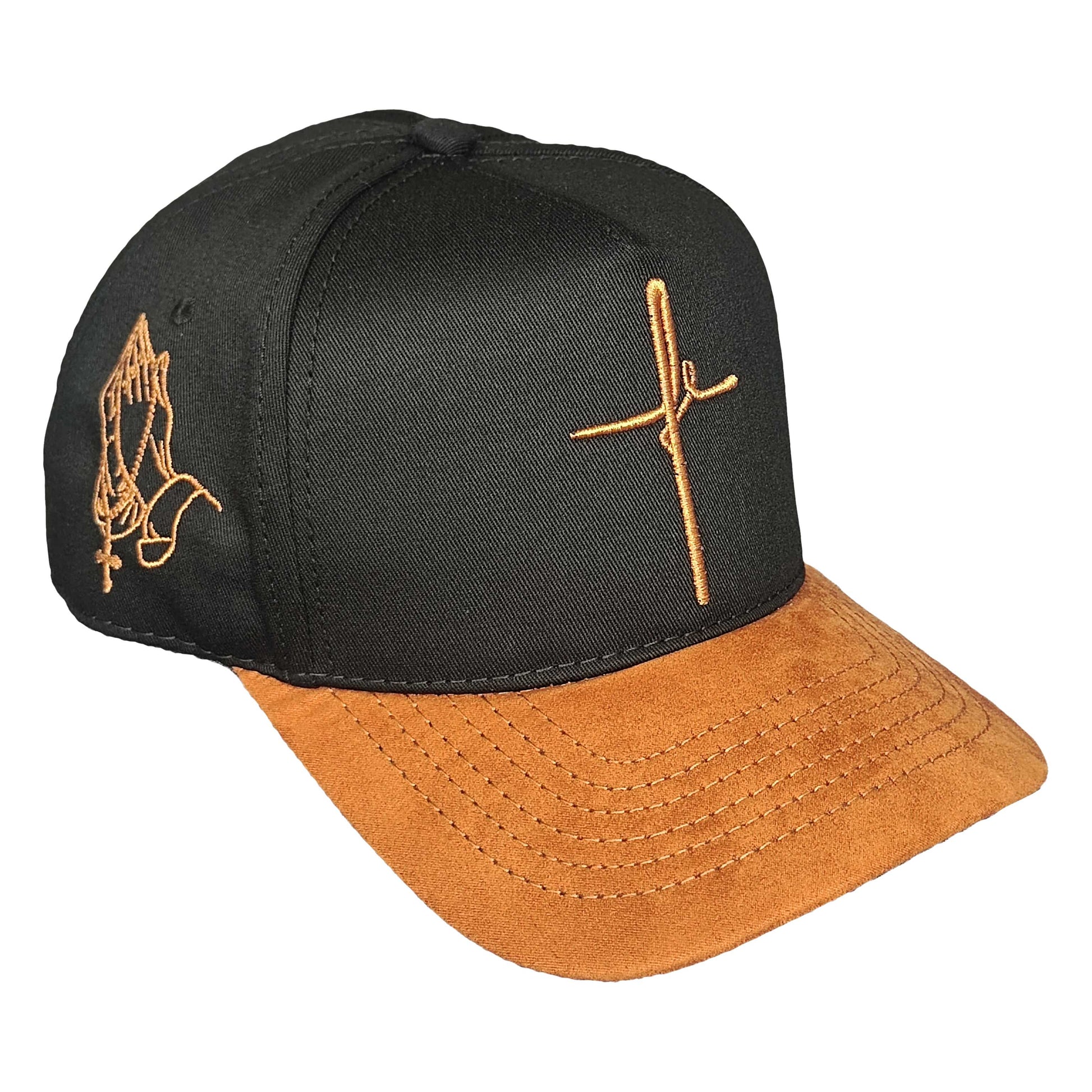 gorra fe negra con visera en cuero cafe